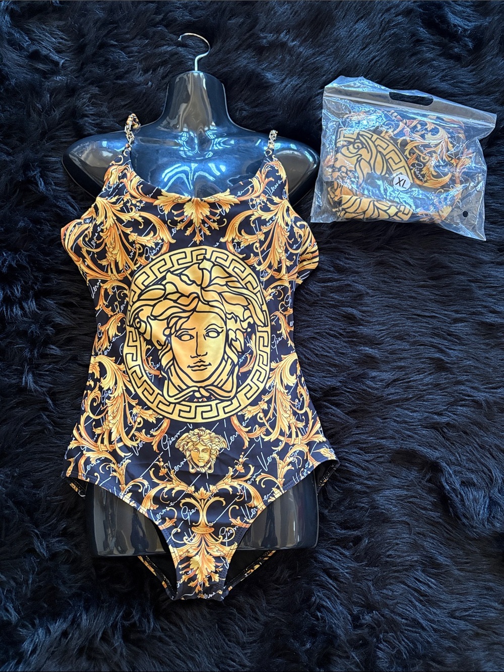 Versace Black and Gold Baroque Medusa One-Piece Swimsuit